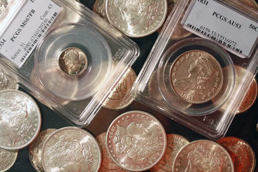 Macro shot of a slabbed Morgan silver dollar